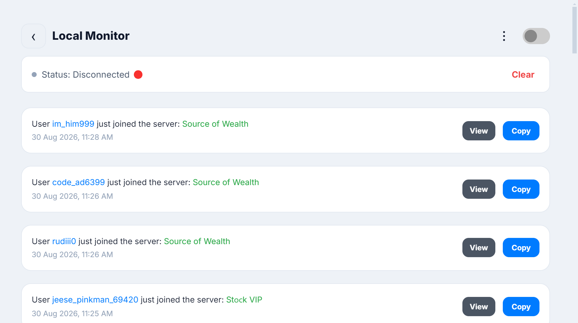 The WiseCord monitor listing members as they join, each with Copy and View