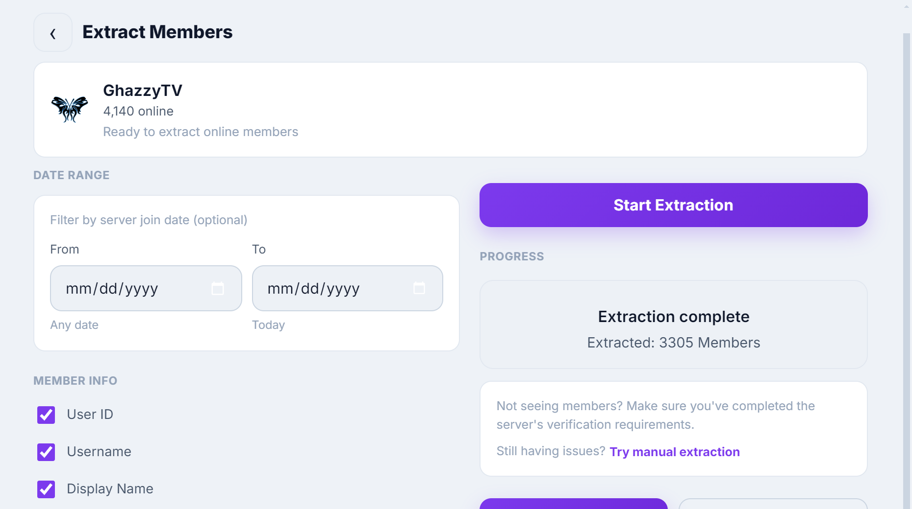 WiseCord finishing a member extraction, with Export to CSV and Export to Excel