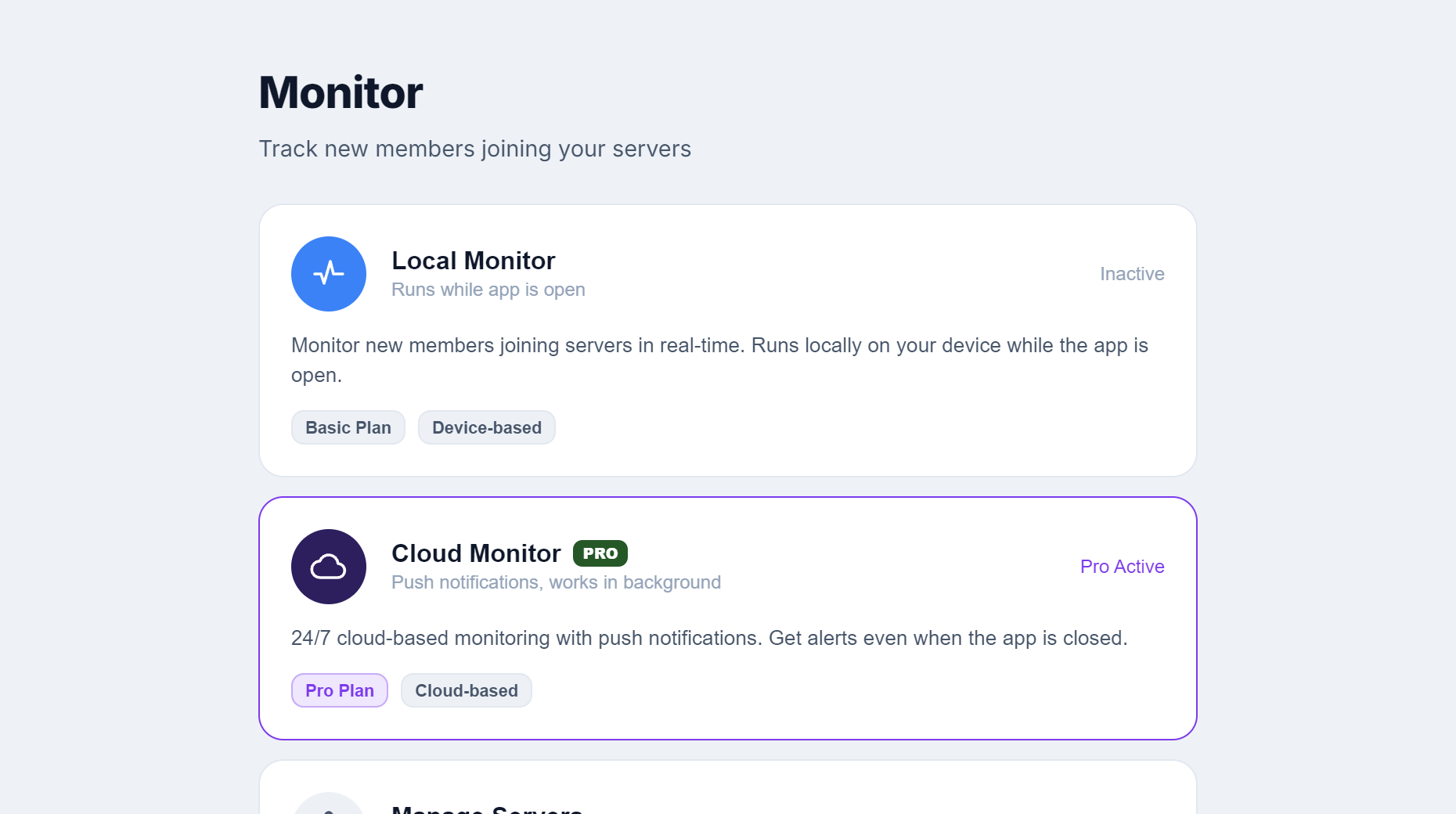 Local and cloud monitoring side by side in WiseCord, cloud marked Pro