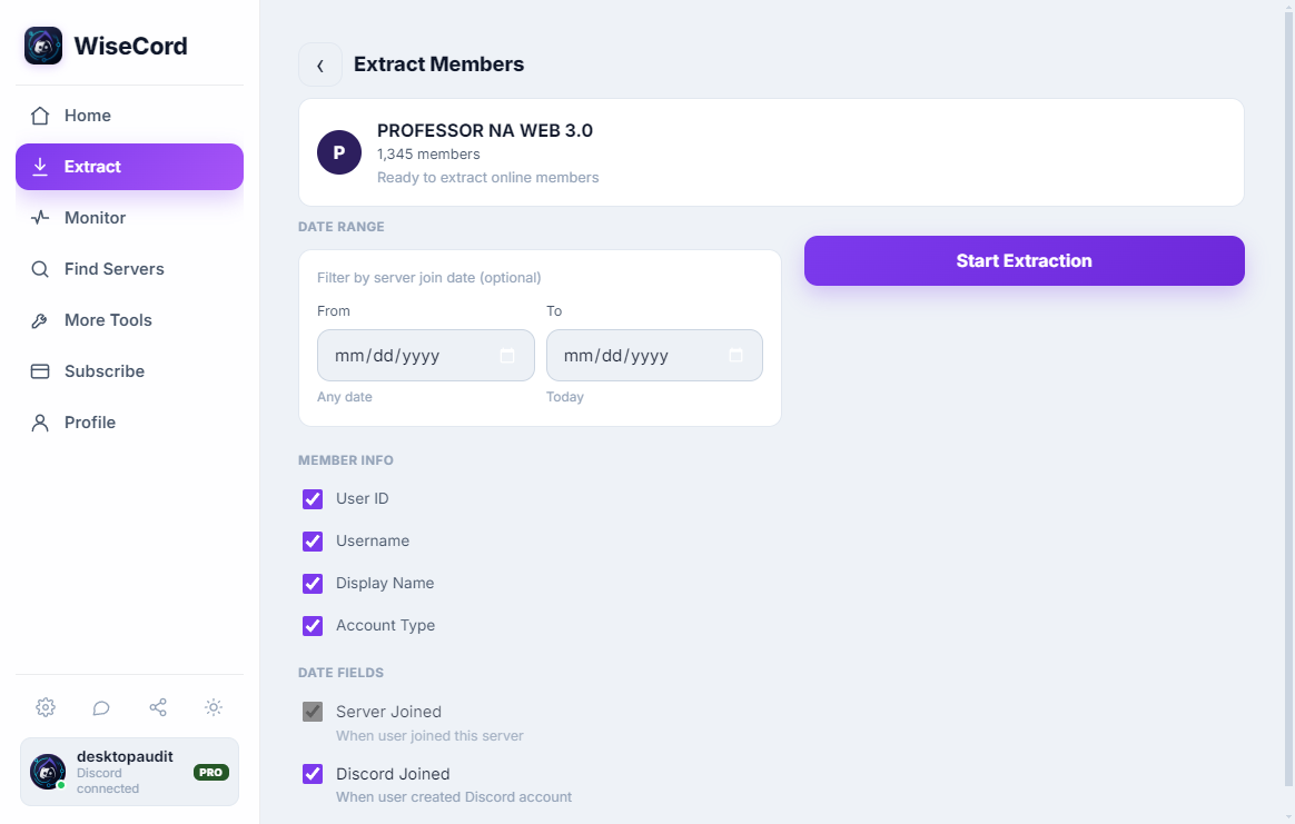 WiseCord extraction settings: channel scope, extraction limit, media download and language