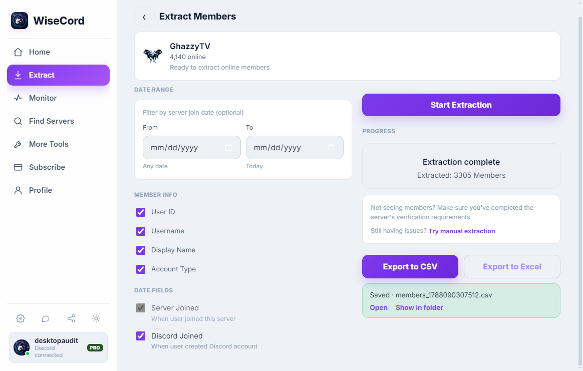 The WiseCord member list for a server, one row per member with copy and view actions