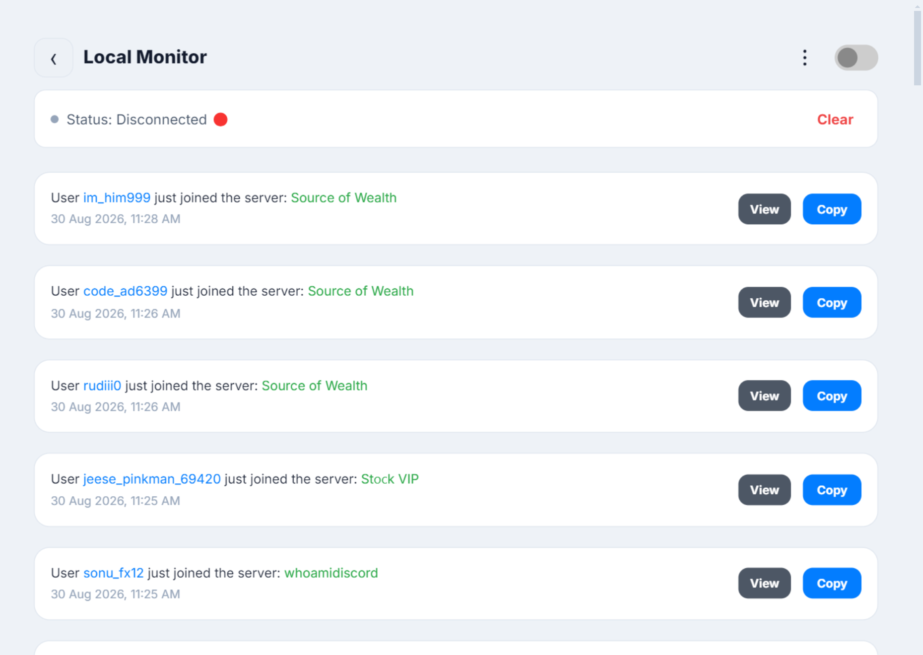 The WiseCord monitor listing members as they join a Discord server, each row with copy and view actions