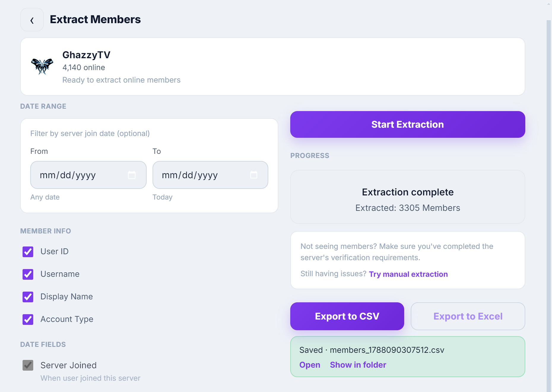 A finished member export from a competing signals server