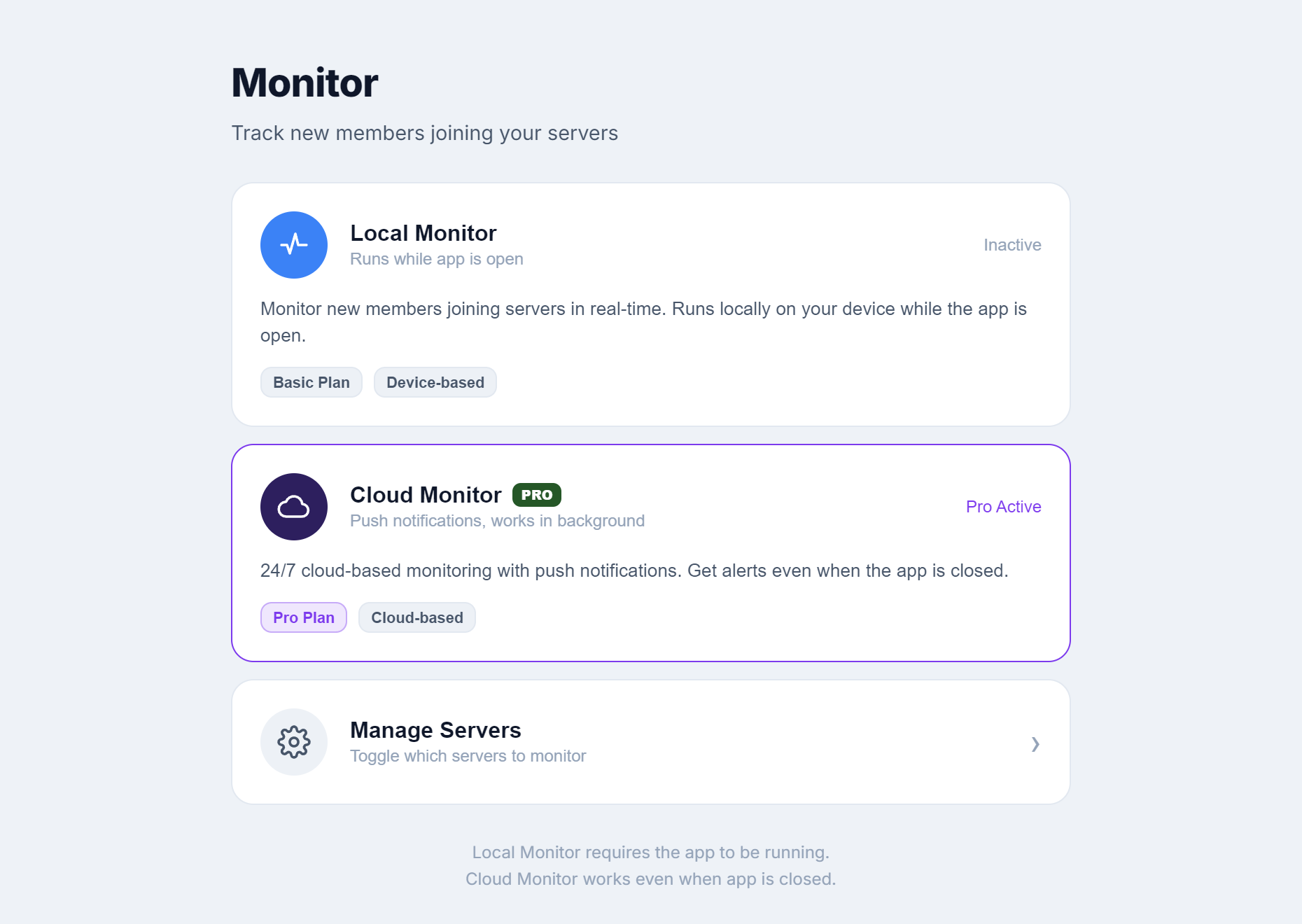Local and cloud monitoring options side by side in WiseCord, cloud marked Pro