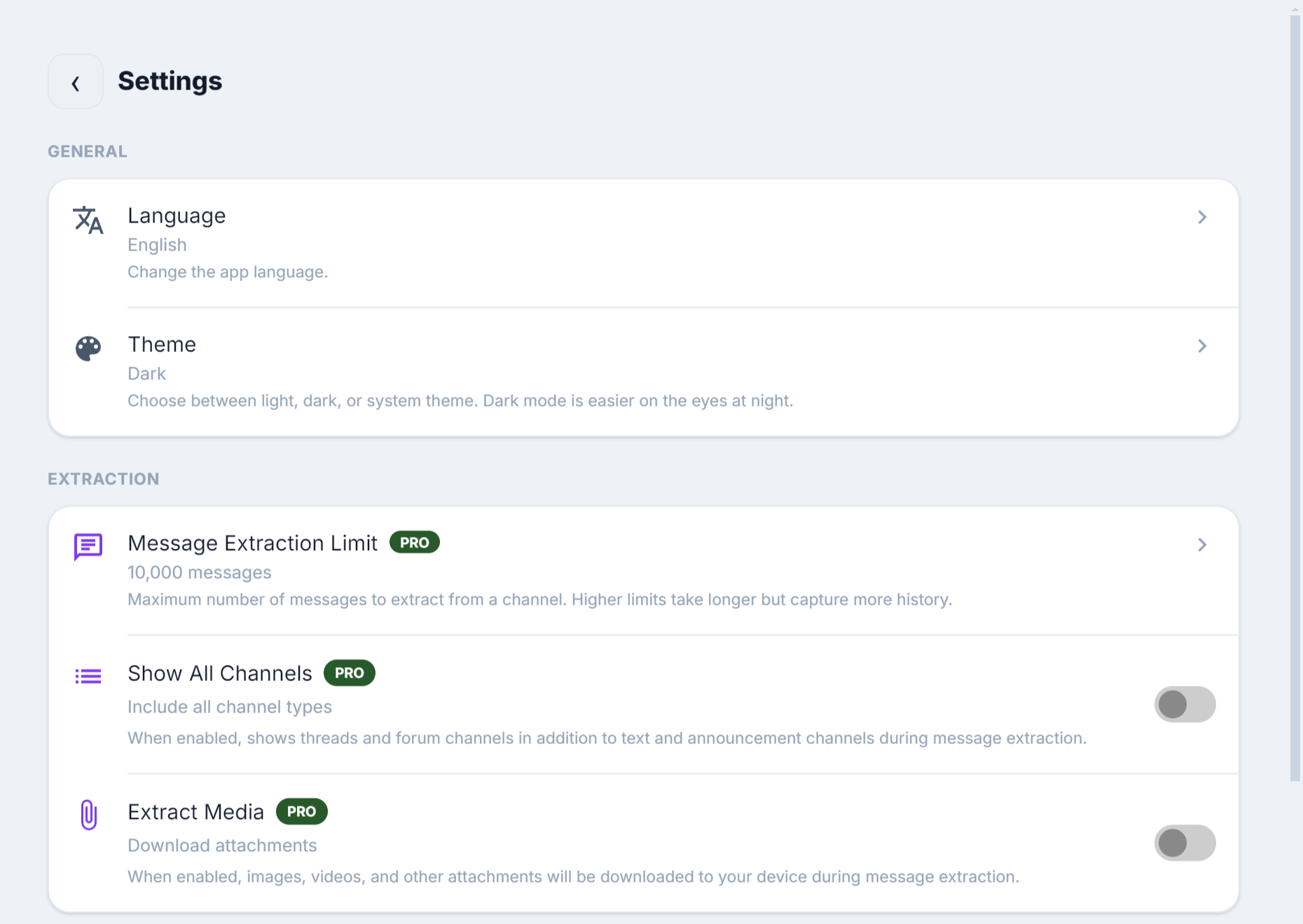 WiseCord settings: extraction limit, channel scope, media download and language