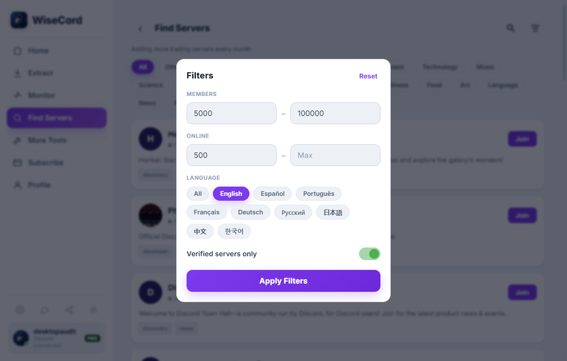 The WiseCord server directory, filtered by category