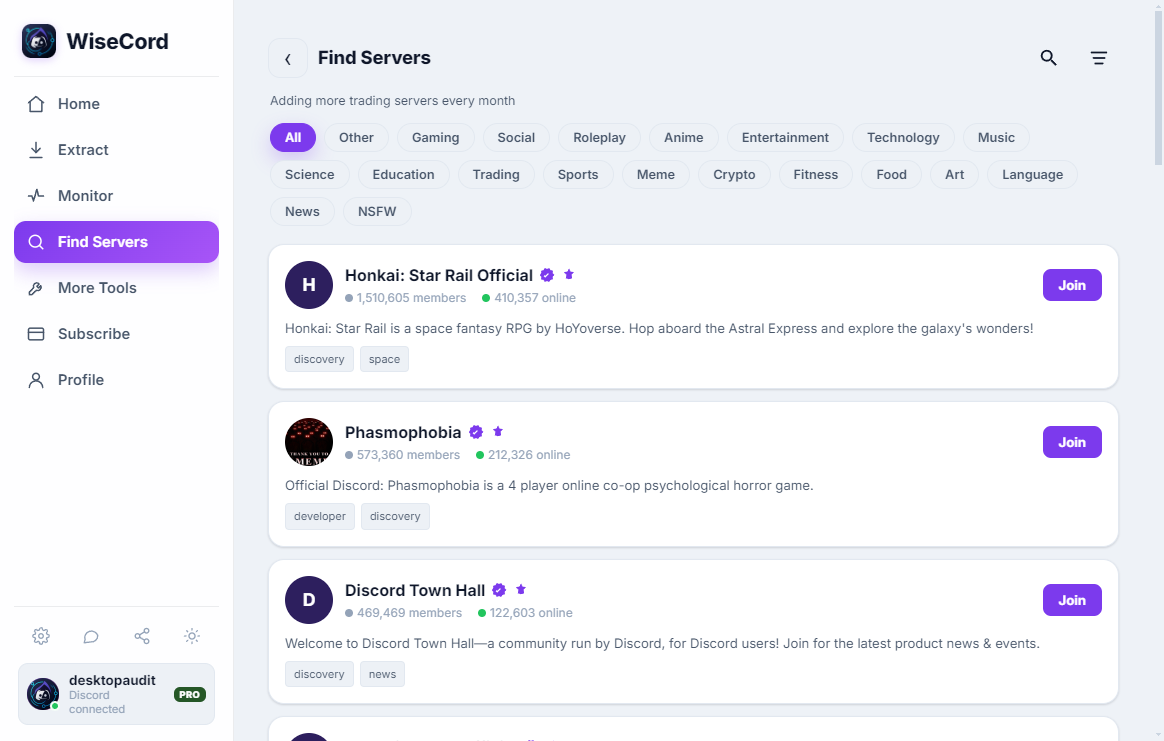Browsing the directory by category, including crypto and trading.