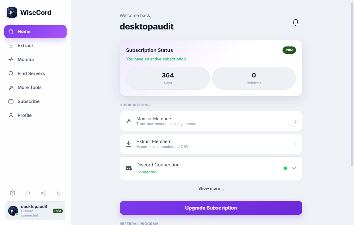 The home screen after signing in, with Discord connected and the plan shown.